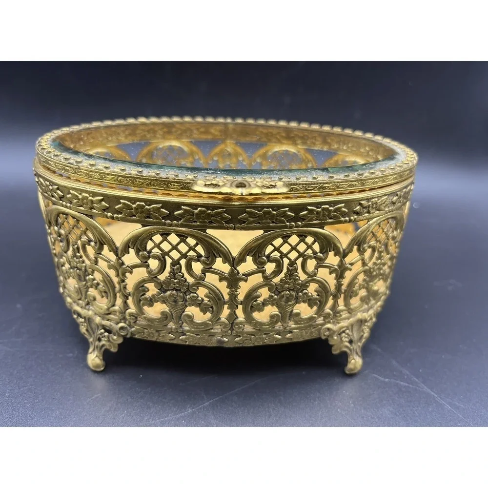 Vintage Ormolu Beveled Glass Filigree Oval Footed Trinket Box 6